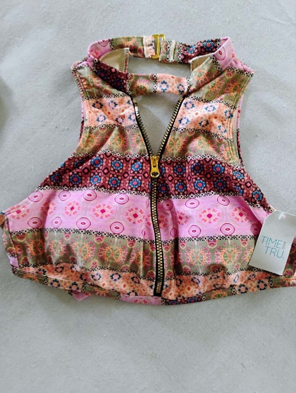 NEW...Time and Tru Floral Pink Zip-Front Swim Top Size L..12/14